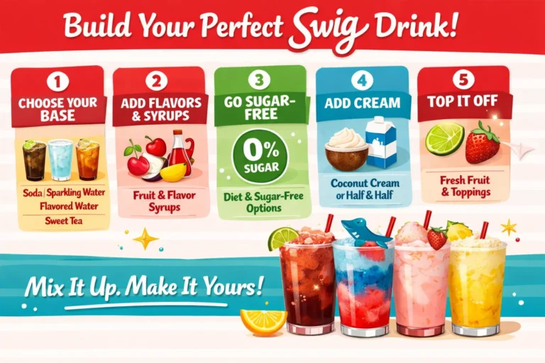 Swig Menu infographic showing how to build a custom Swig drink with steps including choosing a base, adding flavors and syrups, selecting sugar-free options, adding cream, and topping with fresh fruit in a colorful landscape design